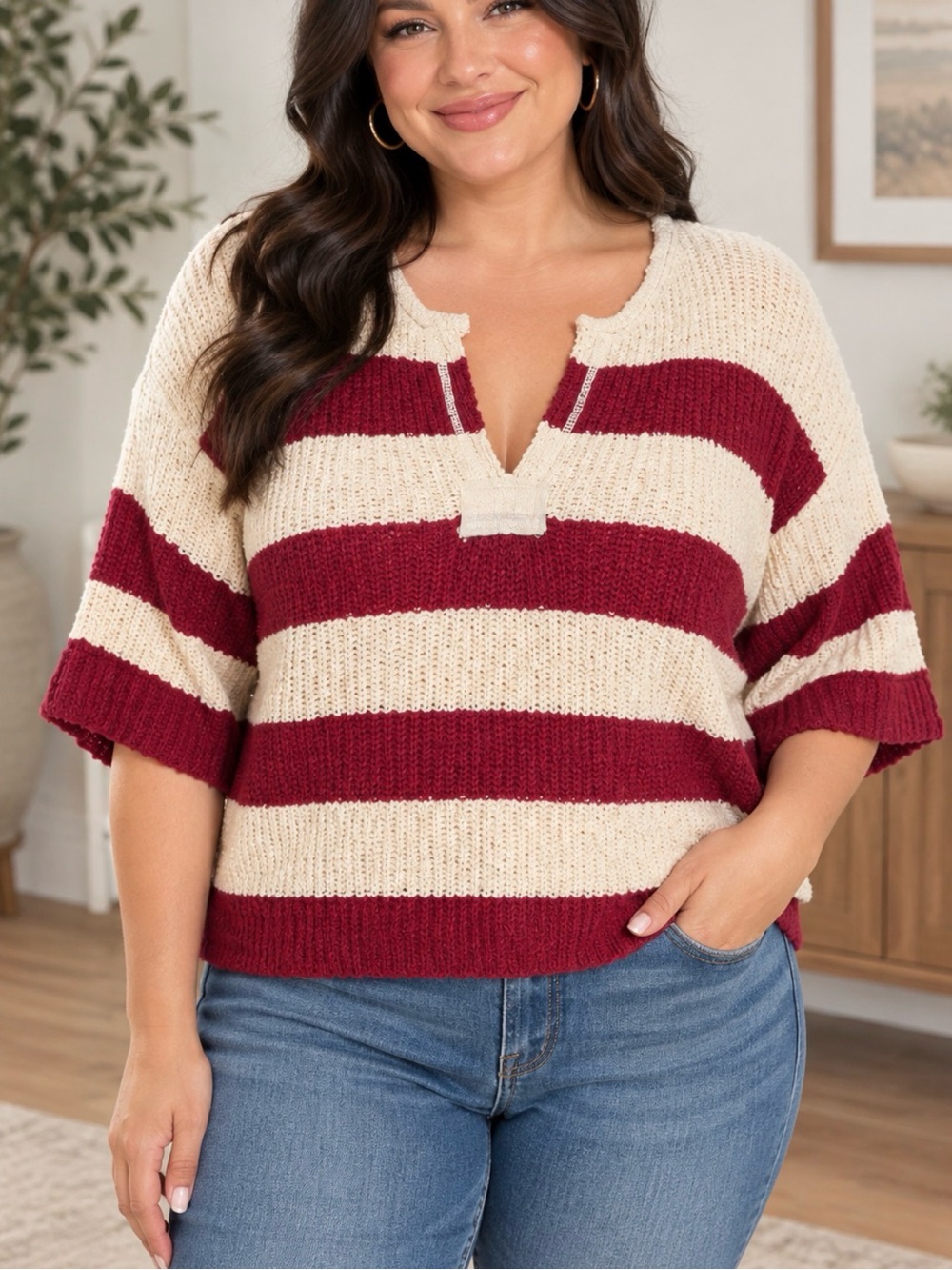 Zenana Striped V-Neck Knit Sweater in ruby and Cream